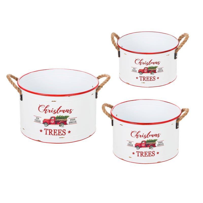 Red Truck Christmas Trees Metal Planter, Set of 3,47m2719