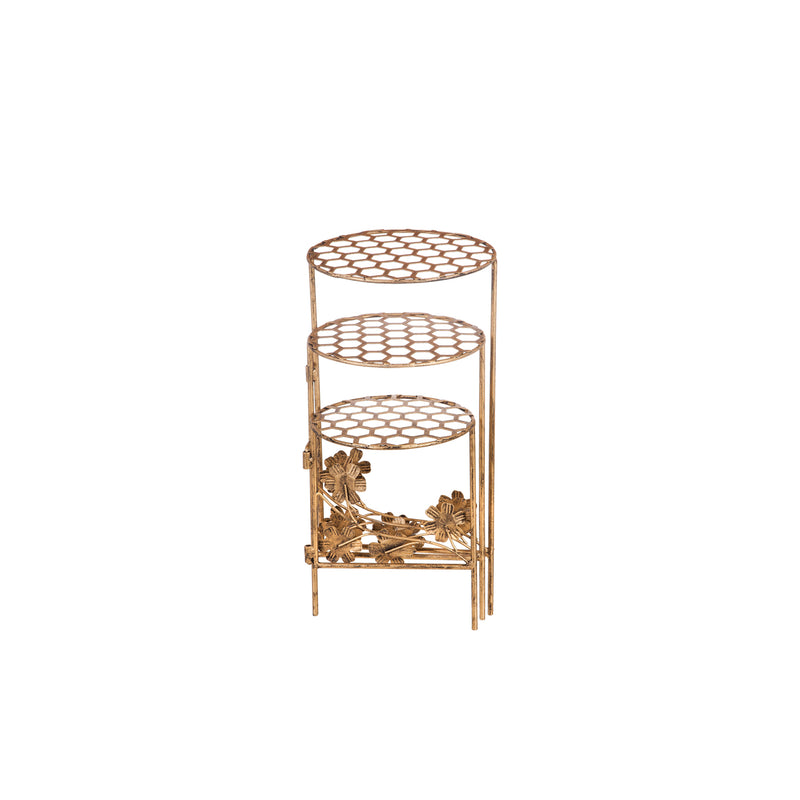 18.25" 3 Tier Collapsible Plant Stand, Honeycomb and Floral with Gold and Verdigris Finish, 8"x10"x18.25"inches