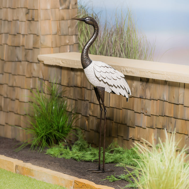 48"H Metal Crane with White Wings Garden Statuary, 16.93"x7.48"x48.03"inches