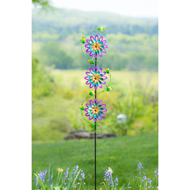 71"H Garden Stake with Spinning Flowers, Violet Trio,47m3827