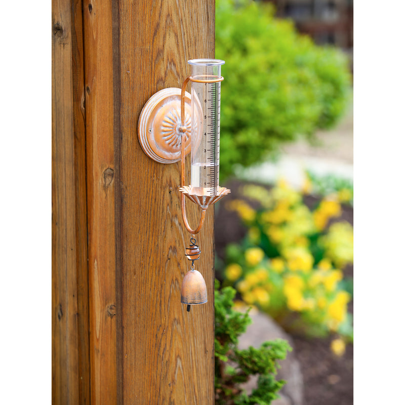 Mounted Rain Gauge Wall Decor, Distressed Gold with Bell,47m3921