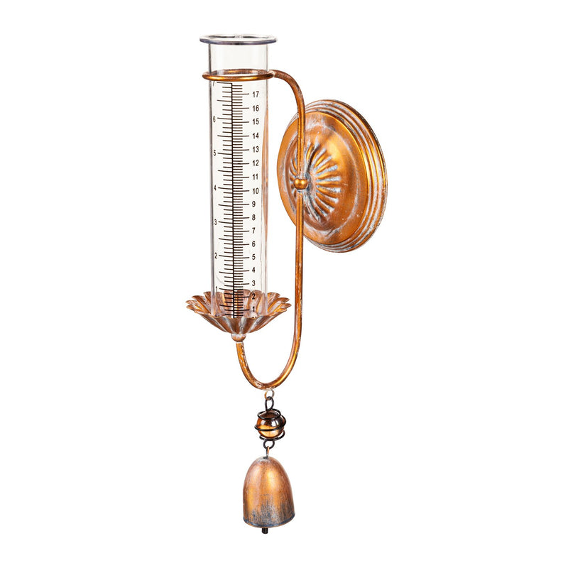 Mounted Rain Gauge Wall Decor, Distressed Gold with Bell,47m3921