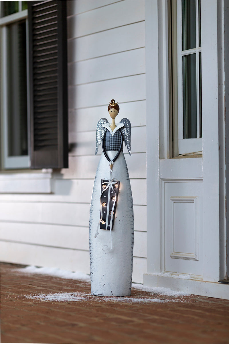 Indoor/Outdoor Metal Angel With Lighted Gift, 8.25"x5.75"x34.75"inches