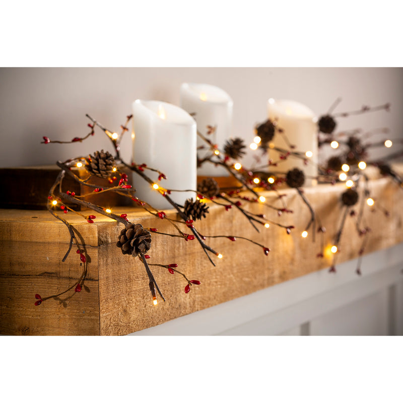 Lighted Pine Cone and Red Berry Garland,65j59