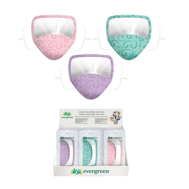 Women's Antimicrobial Non-Medical Cotton Face Mask w/ Visor, 2 Designs, 12 of each, 24 pcs total,7cdu100