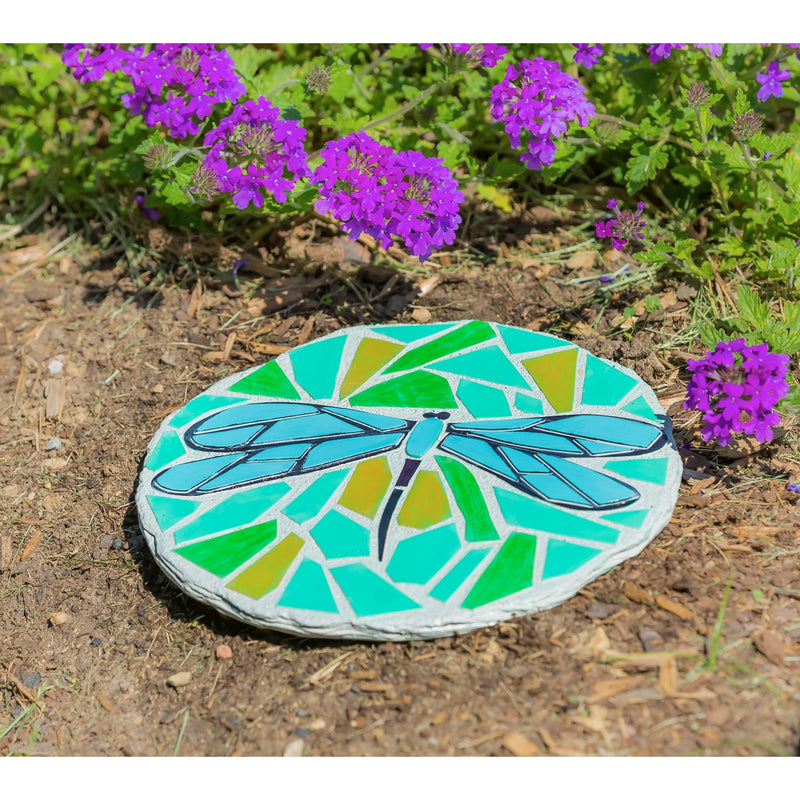11" Round Garden Stone, Mosaic Dragonfly, 11.02"x11.02"x0.59"inches