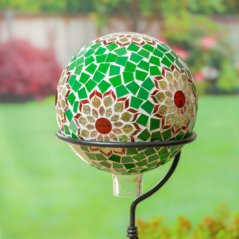 10" Mosaic Glass Gazing Ball, Green with Golden Blooms,84g4090
