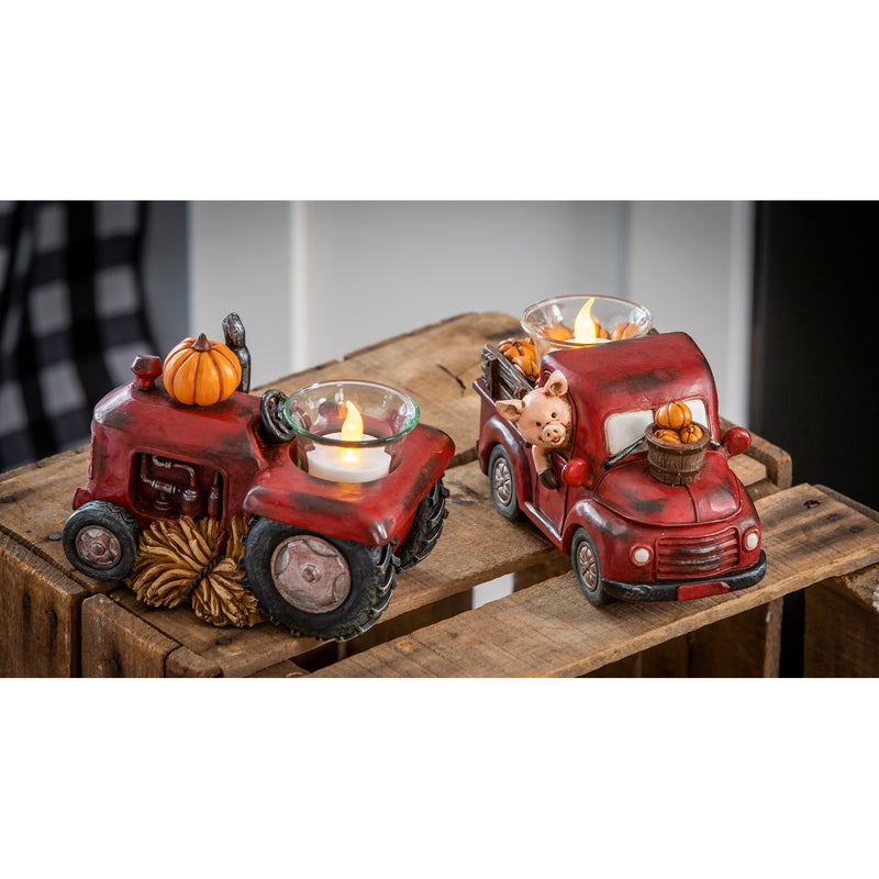 Resin Red Truck with Pumpkins Candle Holder, 2 Asst,8chp037