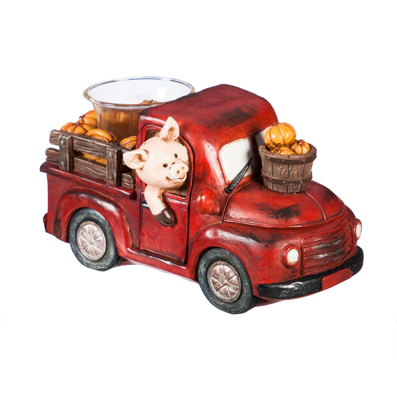 Resin Red Truck with Pumpkins Candle Holder, 2 Asst,8chp037