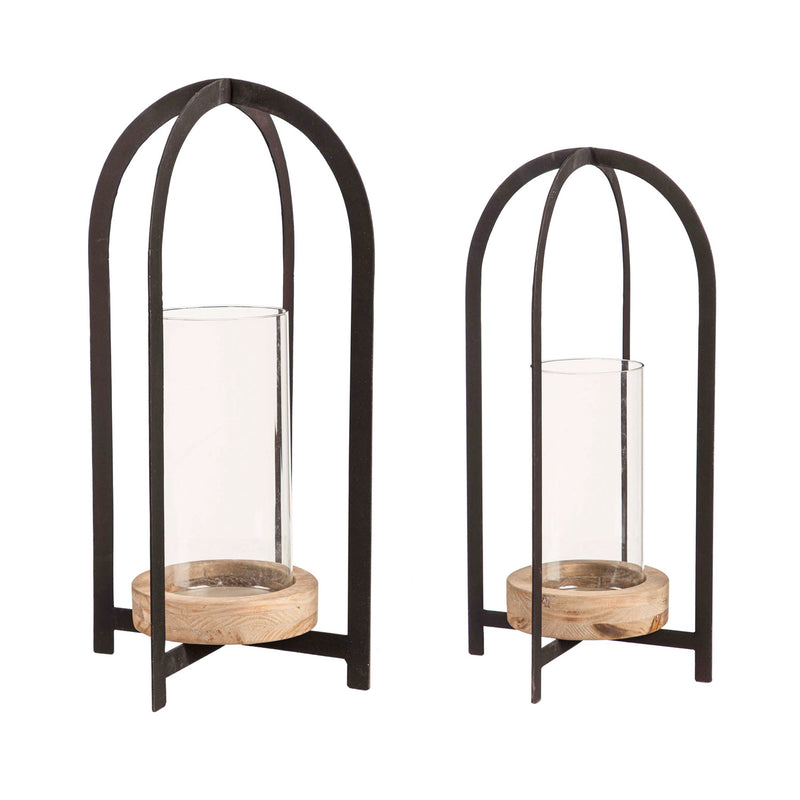 Wood and Metal Lanterns with Glass, Set of 2,8lam034