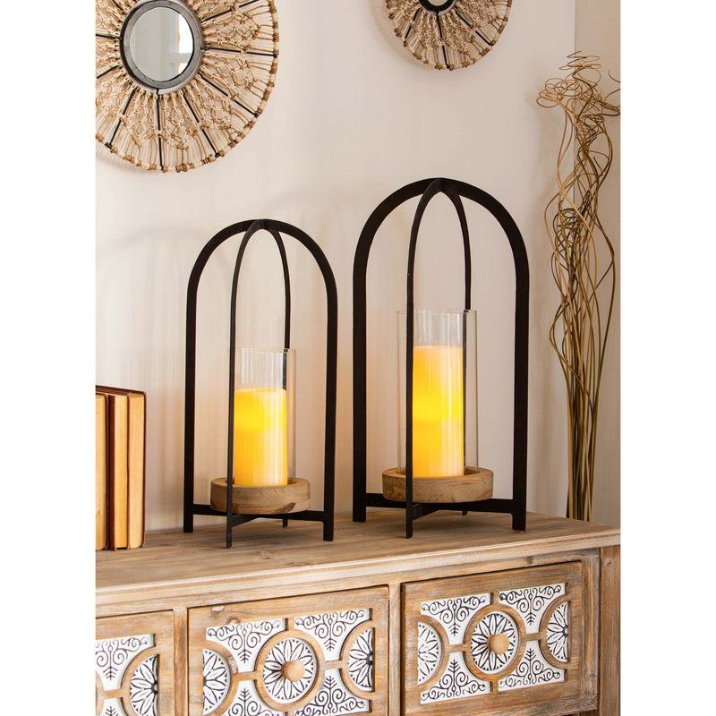 Wood and Metal Lanterns with Glass, Set of 2,8lam034
