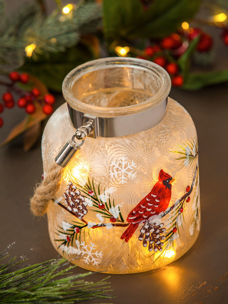 Glass Handpainted Cardinal and Pinecones LED Jar w/ Handle,8led169