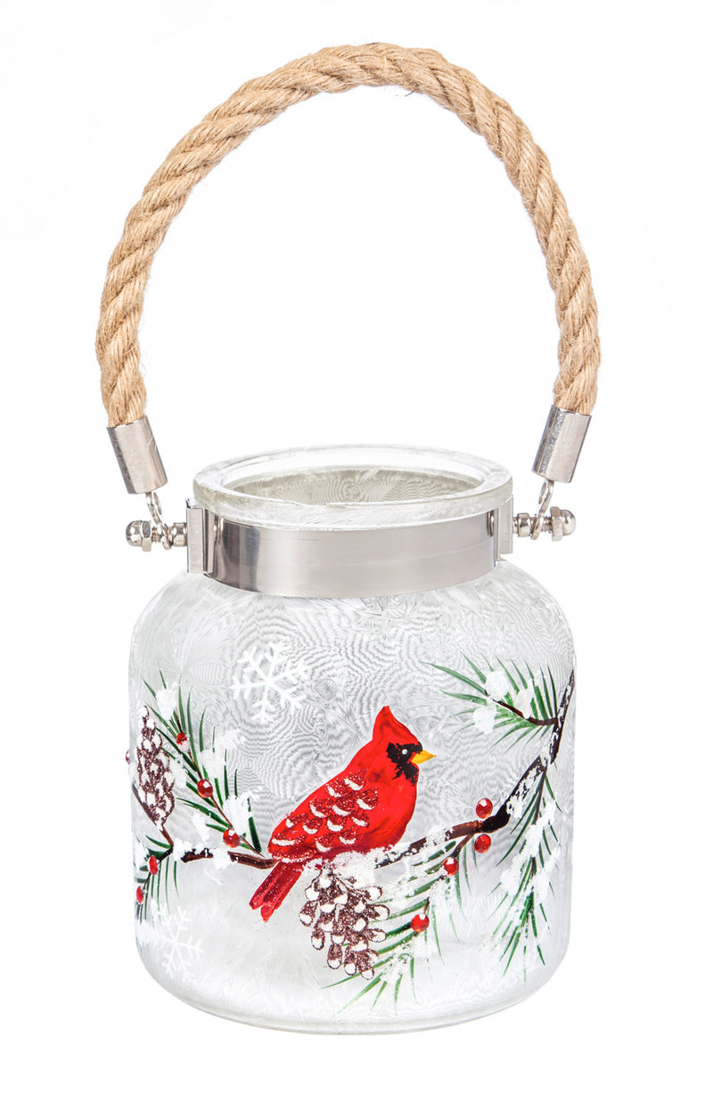Glass Handpainted Cardinal and Pinecones LED Jar w/ Handle,8led169