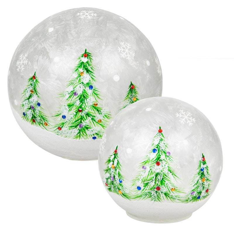 Glass Handpainted Christmas Trees LED Globe, Set of 2,8led183
