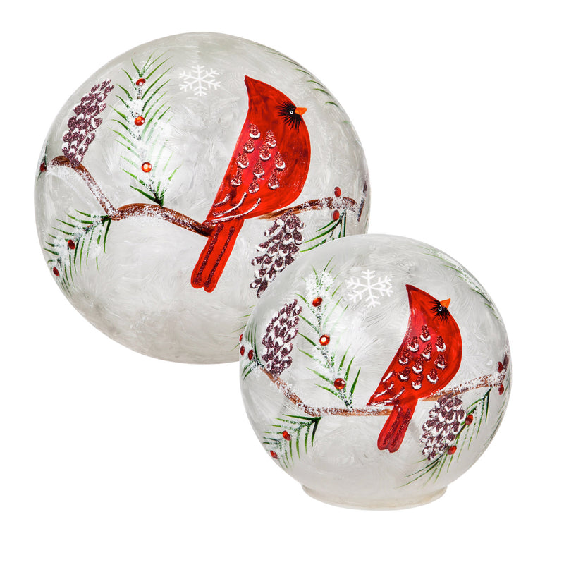 Glass Handpainted Cardinal and Pinecones LED Globe, Set of 2,8led184