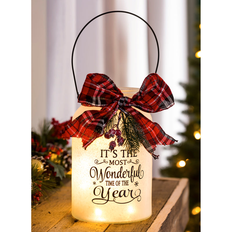 LED Jar with Plaid Ribbon, Pine, and Berries, 2 Assorted: Red/White,8led497