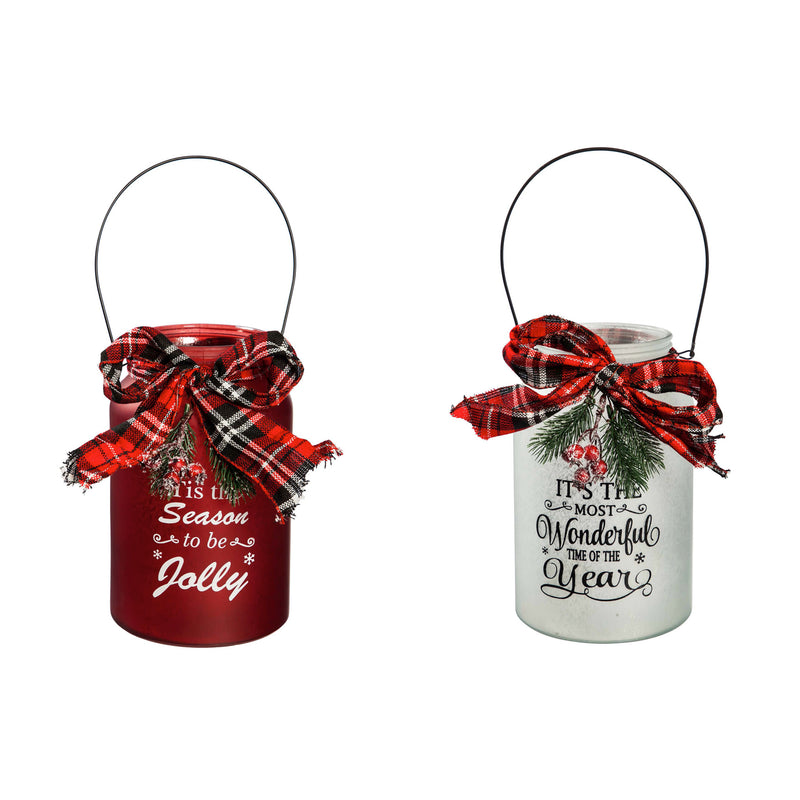 LED Jar with Plaid Ribbon, Pine, and Berries, 2 Assorted: Red/White,8led497
