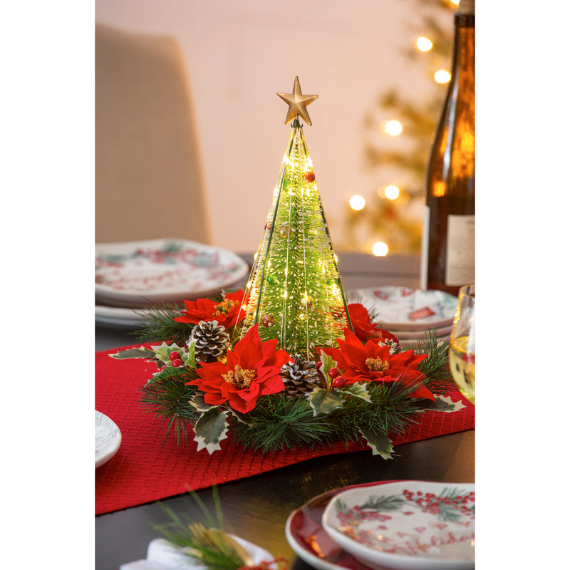 LED Bottle Brush Tree with Artificial Poinsettias Table Decor,8led604