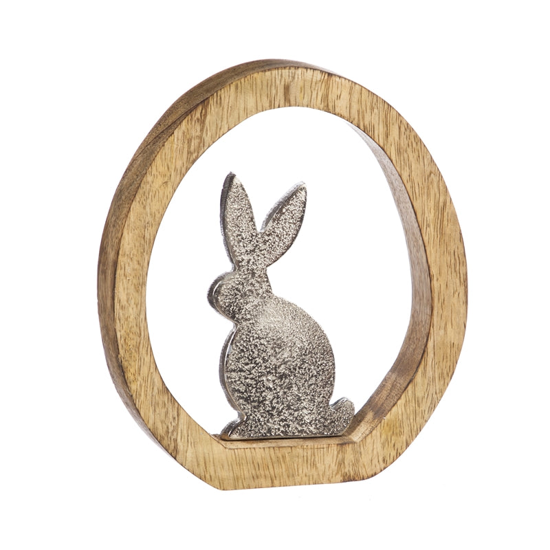 Wood Egg with Metal Sitting Bunny Tabletop Decoration,8taw157