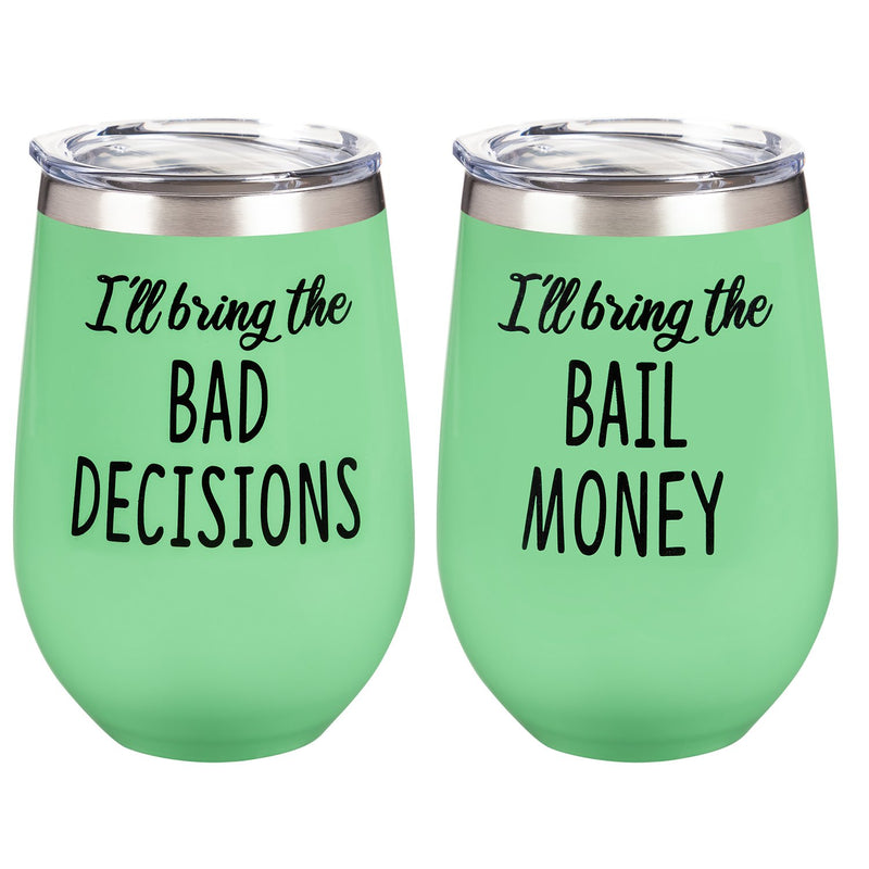 Double Wall Vacuum Wine Tumbler Gift Set, Set of 2, 12 OZ, Bad Decisions/Bail Money,p3755001
