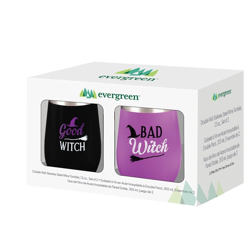 Double Wall Vacuum Wine Tumbler Gift Set, Set of 2, 12 OZ, Good Witch/Bad Witch,p3755004