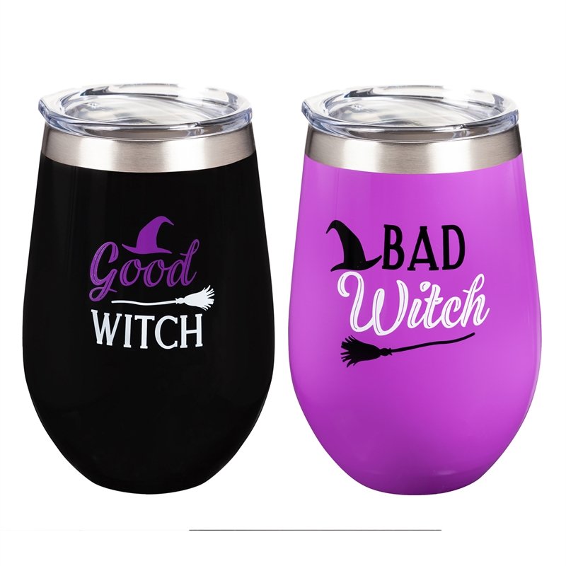 Double Wall Vacuum Wine Tumbler Gift Set, Set of 2, 12 OZ, Good Witch/Bad Witch,p3755004