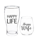 Stemless 17 OZ Wine Glass & Beer 16 OZ Cup Gift Set, Happy Wife/Happy Life,p3845001