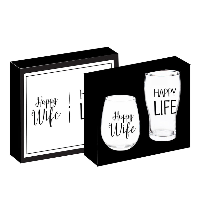 Stemless 17 OZ Wine Glass & Beer 16 OZ Cup Gift Set, Happy Wife/Happy Life,p3845001