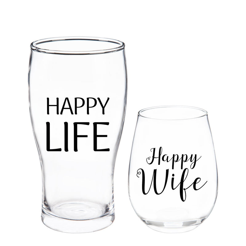 Stemless 17 OZ Wine Glass & Beer 16 OZ Cup Gift Set, Happy Wife/Happy Life,p3845001