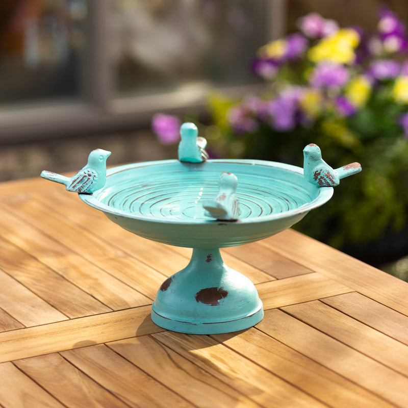 Evergreen Bird Bath,Perched Birds Metal Tabletop Bird Bath, Turquoise,12x12x7 Inches