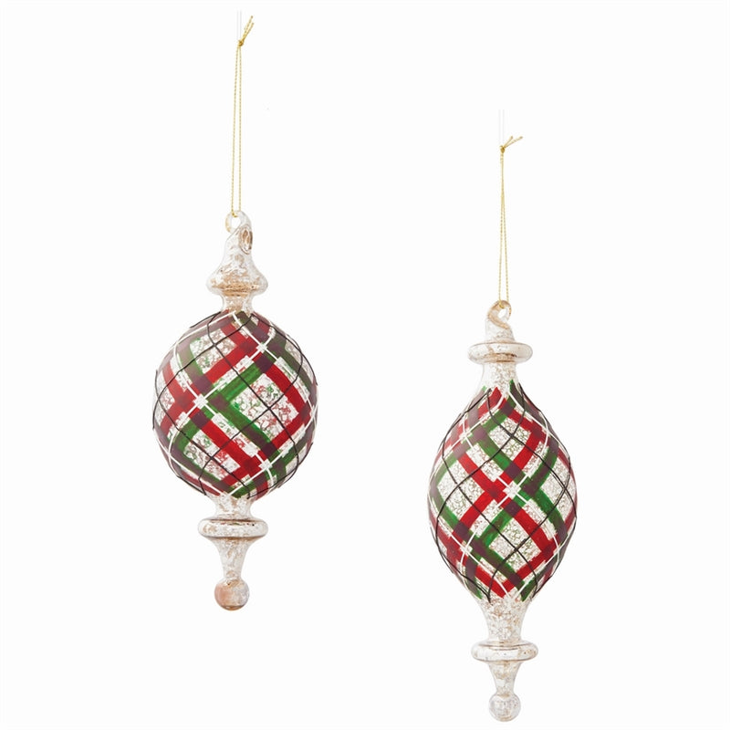 Plaid Mercury Glass Drop Orns , Set of 2