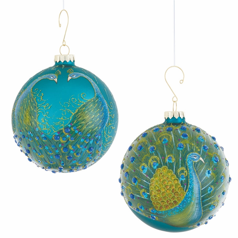 PEACOCK GLASS ORNAMENTS ST/2 BL/GR