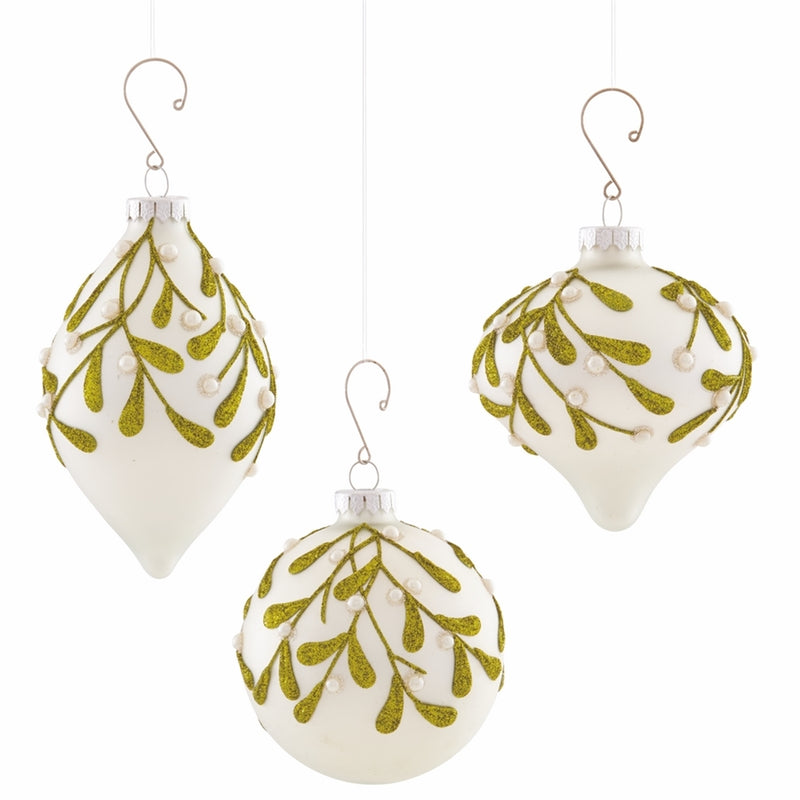 MISTLETOE GLASS ORNS ST/3 PEARL/GRN